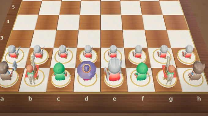 A 3D chess board with cartoon knight and skeleton characters